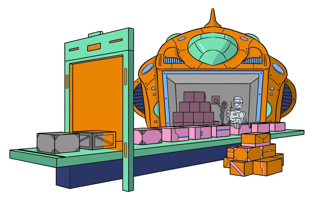 illustration of boxes on conveyor belt getting screened and blue spaceship with working androids