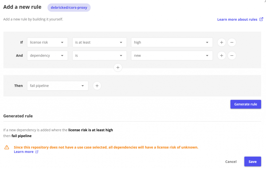 Creating a rule which fails pipeline whenever a new dependency is added with high or higher license risk