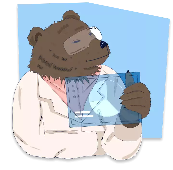 illustration bear wearing glasses holding futuristic tablet character debricked