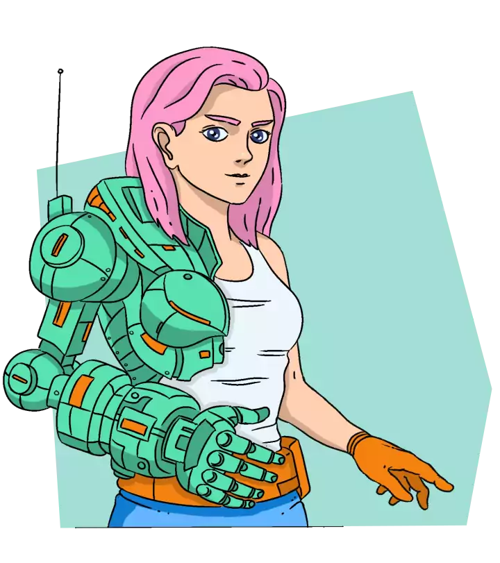illustration of female-half cyborg character debricked