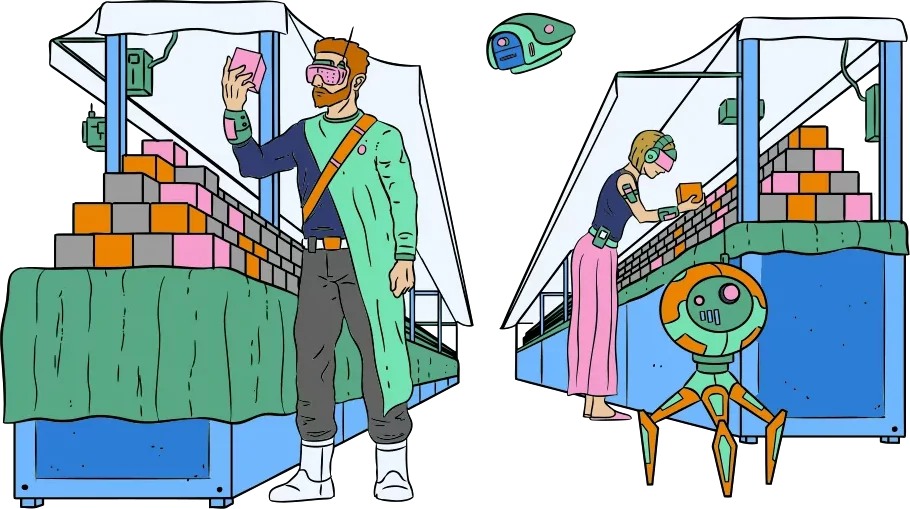 illustration of two space character and two robots in market place looking at colorful cubes